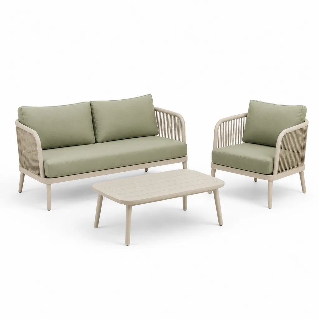 Set salotto da giardino 4 pezzi in alluminio e corda intrecciata beige con cuscini verde salvia divano 128 x 72 x 78 cm