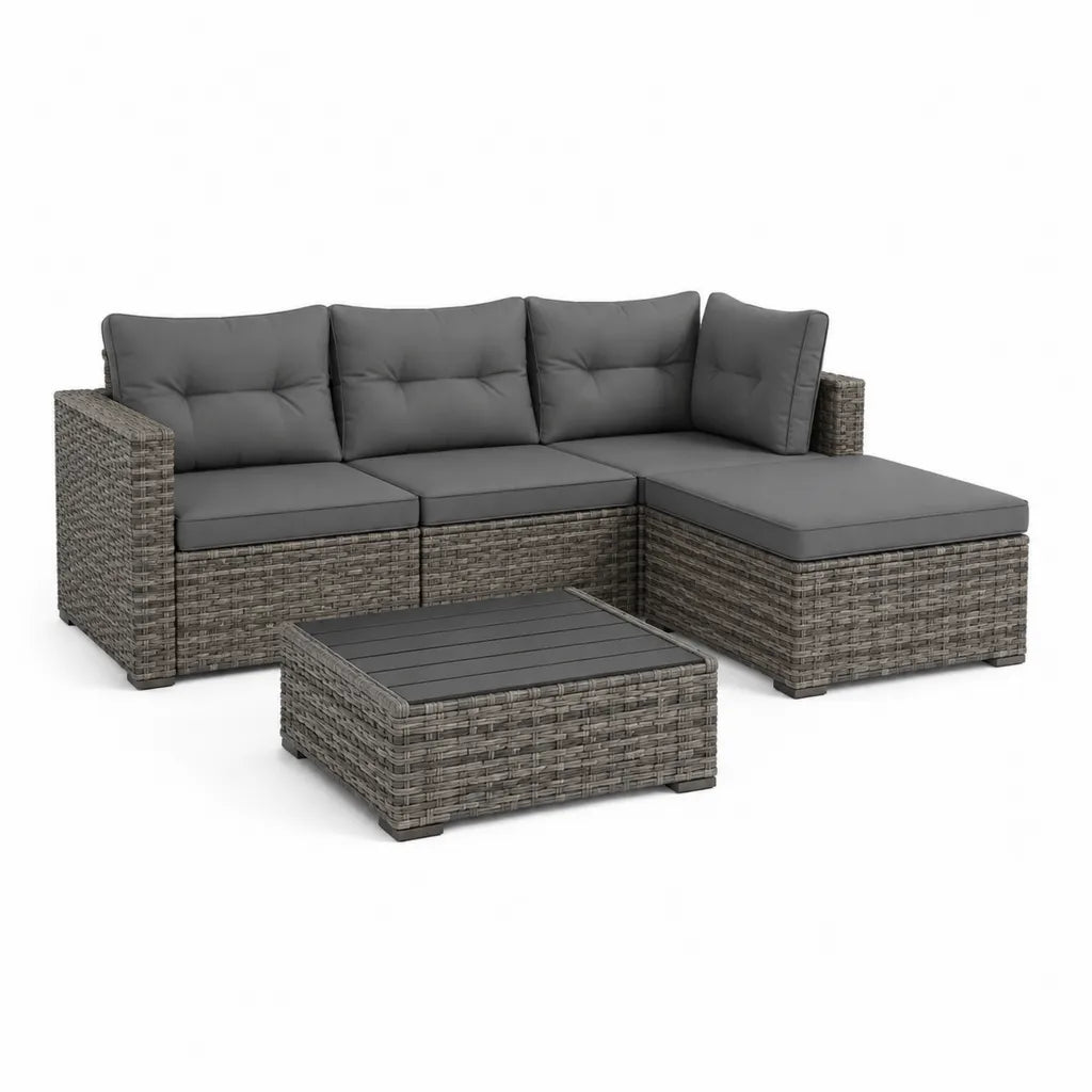 Set divano da giardino angolare 4 posti con tavolino 230 x 170 x 65 cm in polyrattan grigio con cuscini grigio scuro