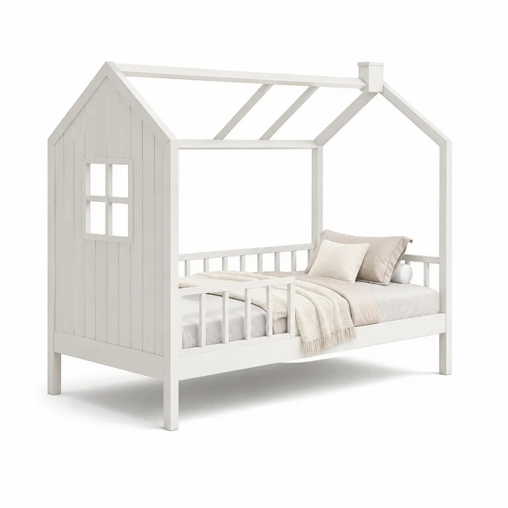 Letto a casetta per bambini 90 x 200 cm in pino massello e MDF bianco