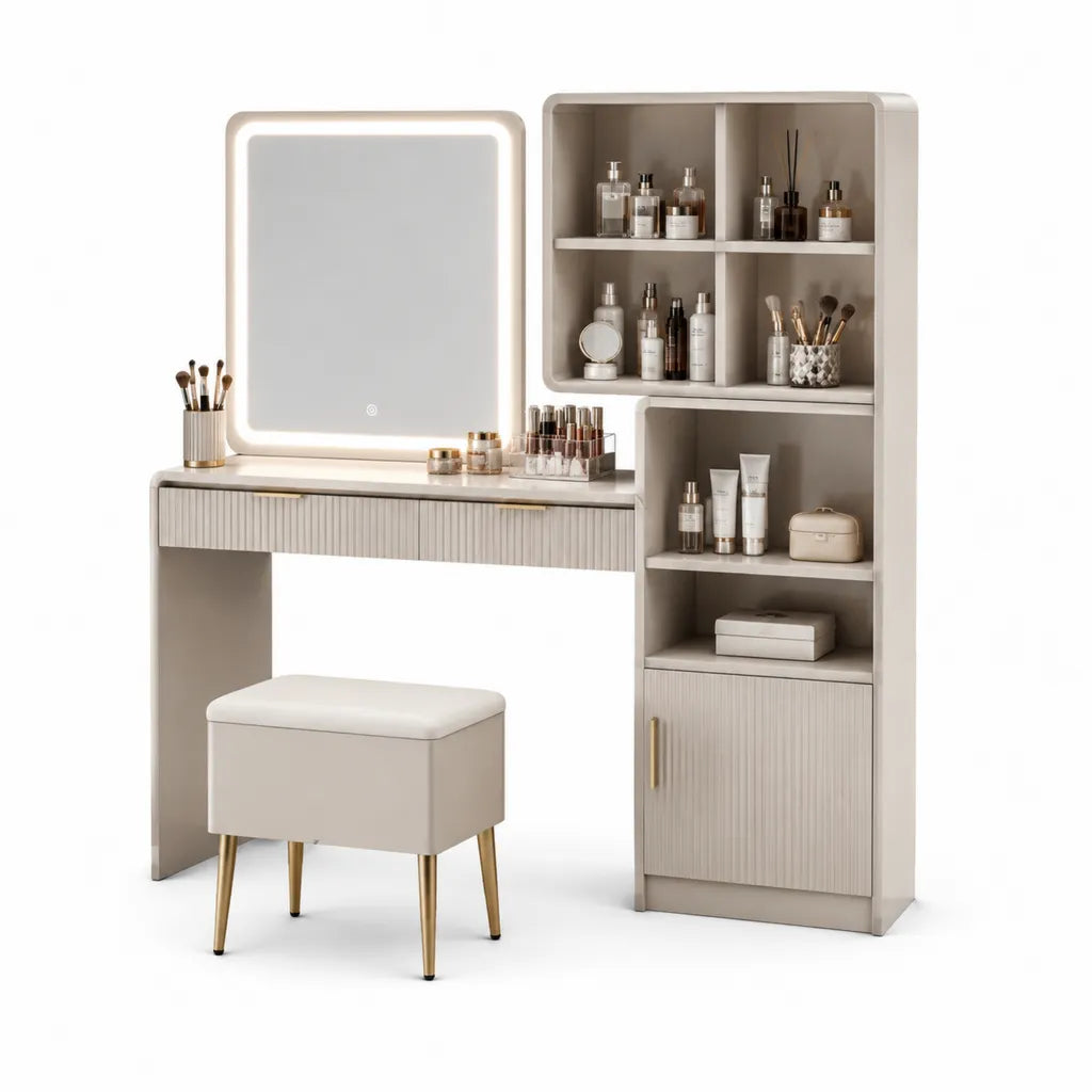 Set toeletta rettangolare con specchio LED e scaffale in MDF 120 x 40 x 150 cm beige