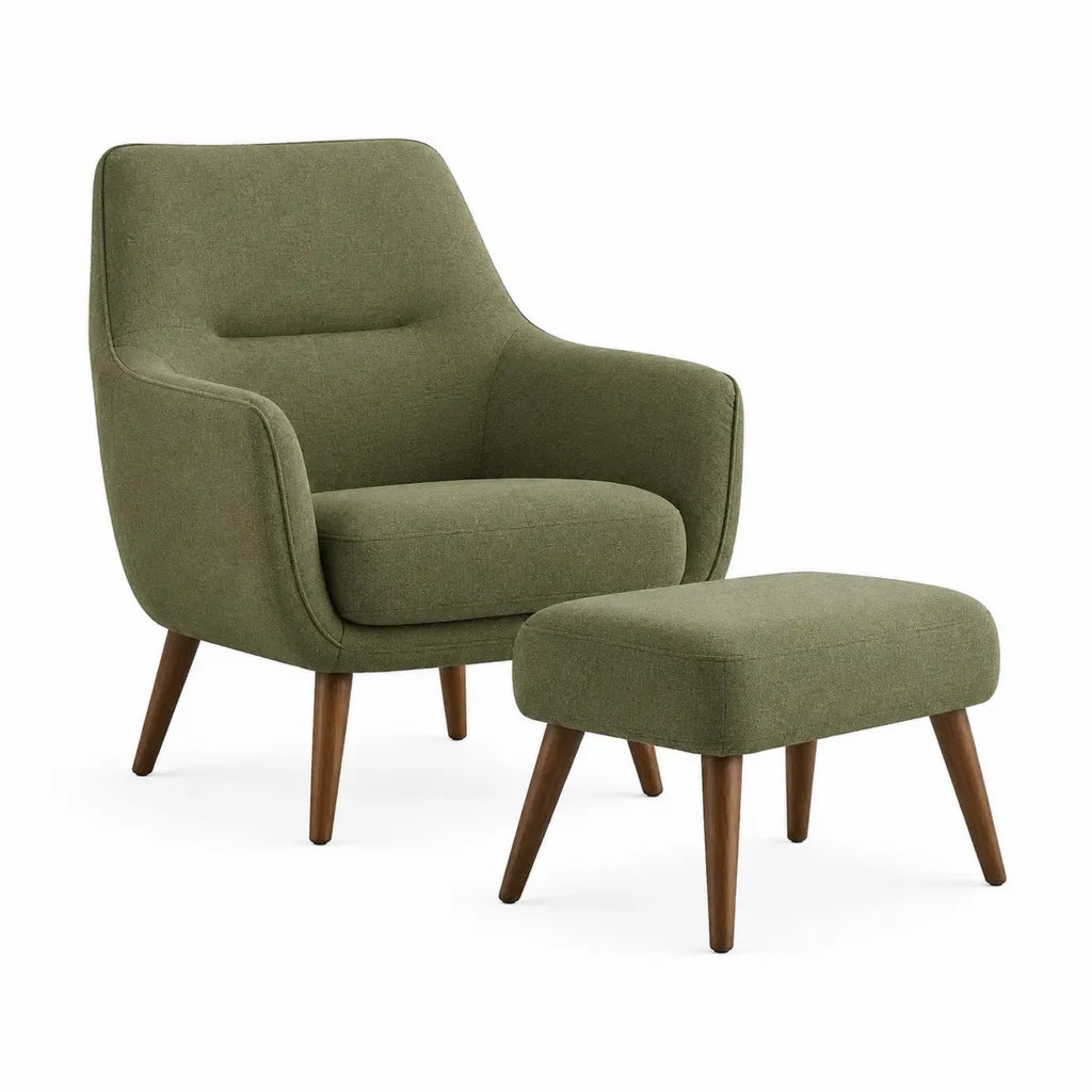 Set poltrona con poggiapiedi arrotondati in poliestere verde oliva con gambe in legno massello 70 x 75 x 96 cm