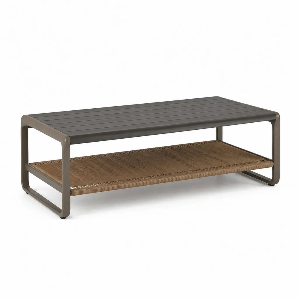 Tavolino da caffe da giardino rettangolare 120 x 60 x 45 cm in alluminio e polietilene PE grigio tortora e marrone