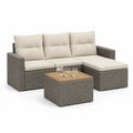 Set divano da giardino angolare 3 pezzi in polyrattan grigio con cuscini beige e tavolino in acacia 205 x 140 x 82 cm
