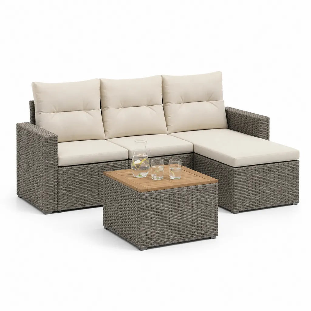 Set divano da giardino angolare 3 pezzi in polyrattan grigio con cuscini beige e tavolino in acacia 205 x 140 x 82 cm