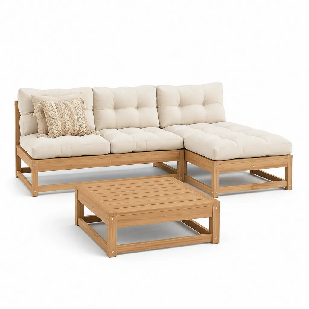 Set divano angolare da giardino 3 pezzi in legno massello di acacia a L naturale con cuscini crema 198 x 128 x 70 cm