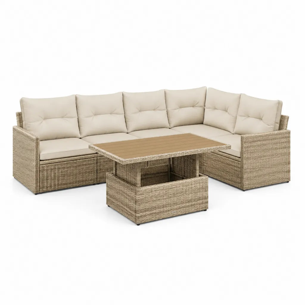 Salotto da giardino angolare 3 pezzi in polyrattan beige con tavolo 110 x 60 x 45 cm
