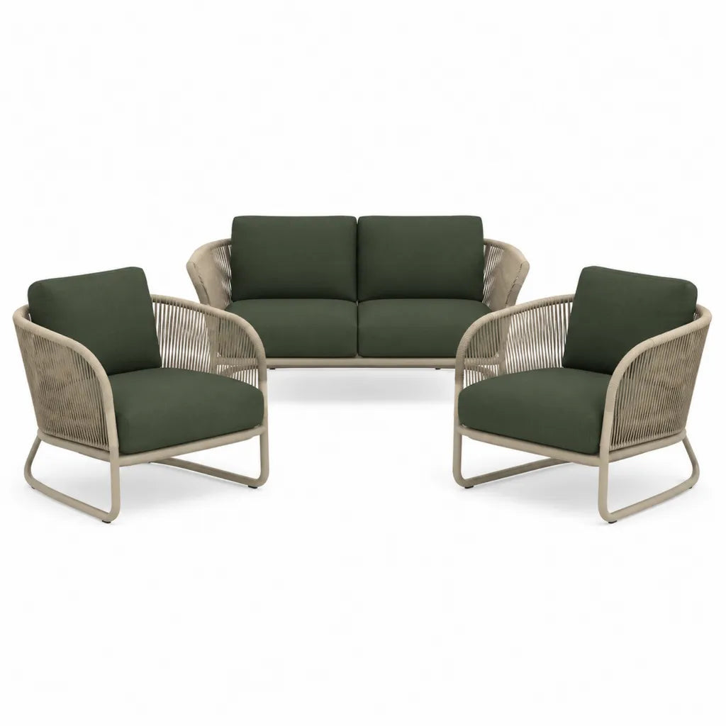 Set salotto da giardino 3 pezzi con divano 2 posti e 2 poltrone in alluminio e corda intrecciata verde 150 x 75 x 78 cm