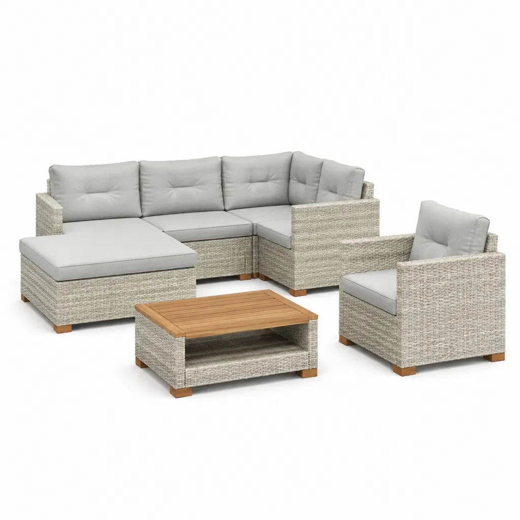 Set salotto da giardino 3 pezzi con divano angolare poltrona e tavolino in rattan PE grigio con cuscini 210 x 210 cm