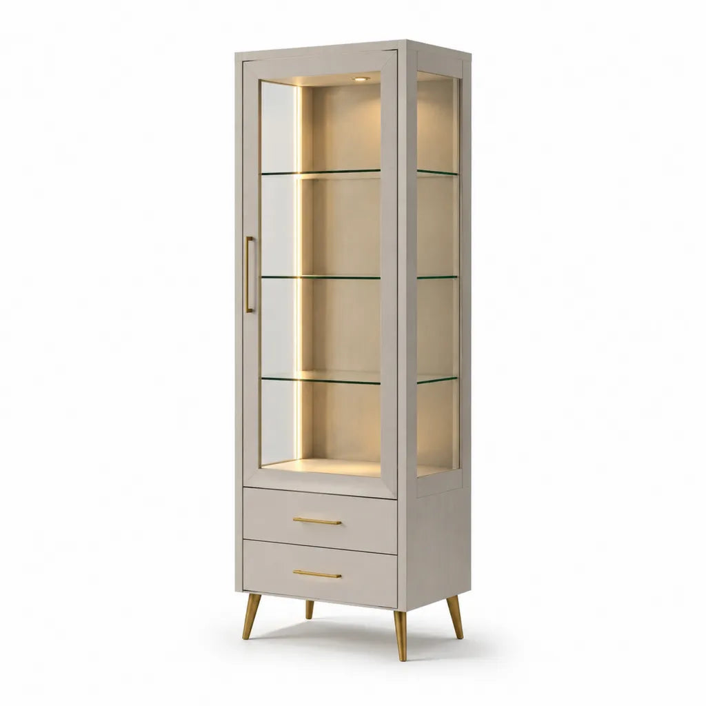 Vetrina da soggiorno a colonna 60 x 40 x 180 cm in MDF e vetro temperato rettangolare grigio chiaro con illuminazione LED e 2 cassetti