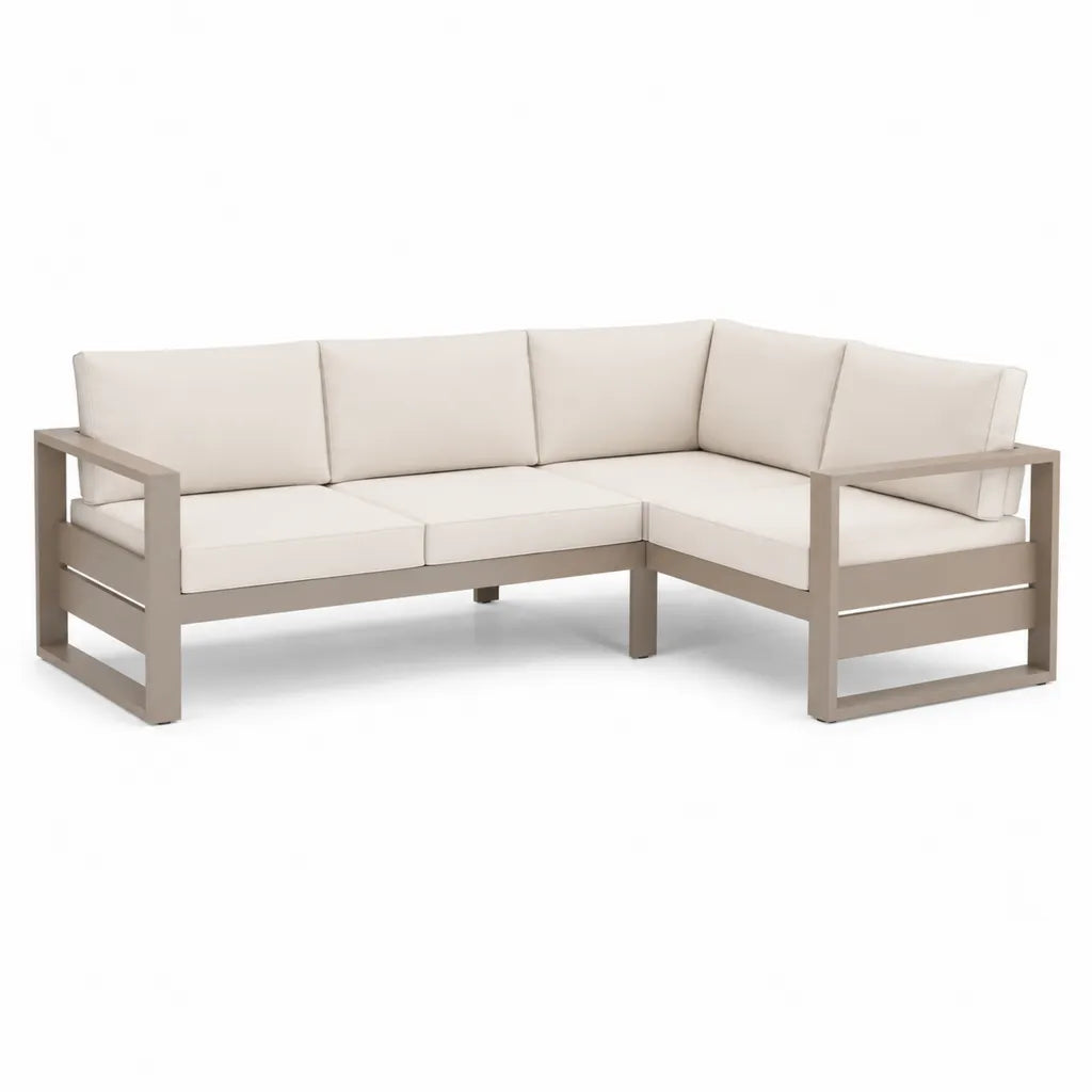 Divano da giardino angolare 5 posti in alluminio verniciato a polvere con cuscini in poliestere beige tortora 250 x 190 x 68 cm