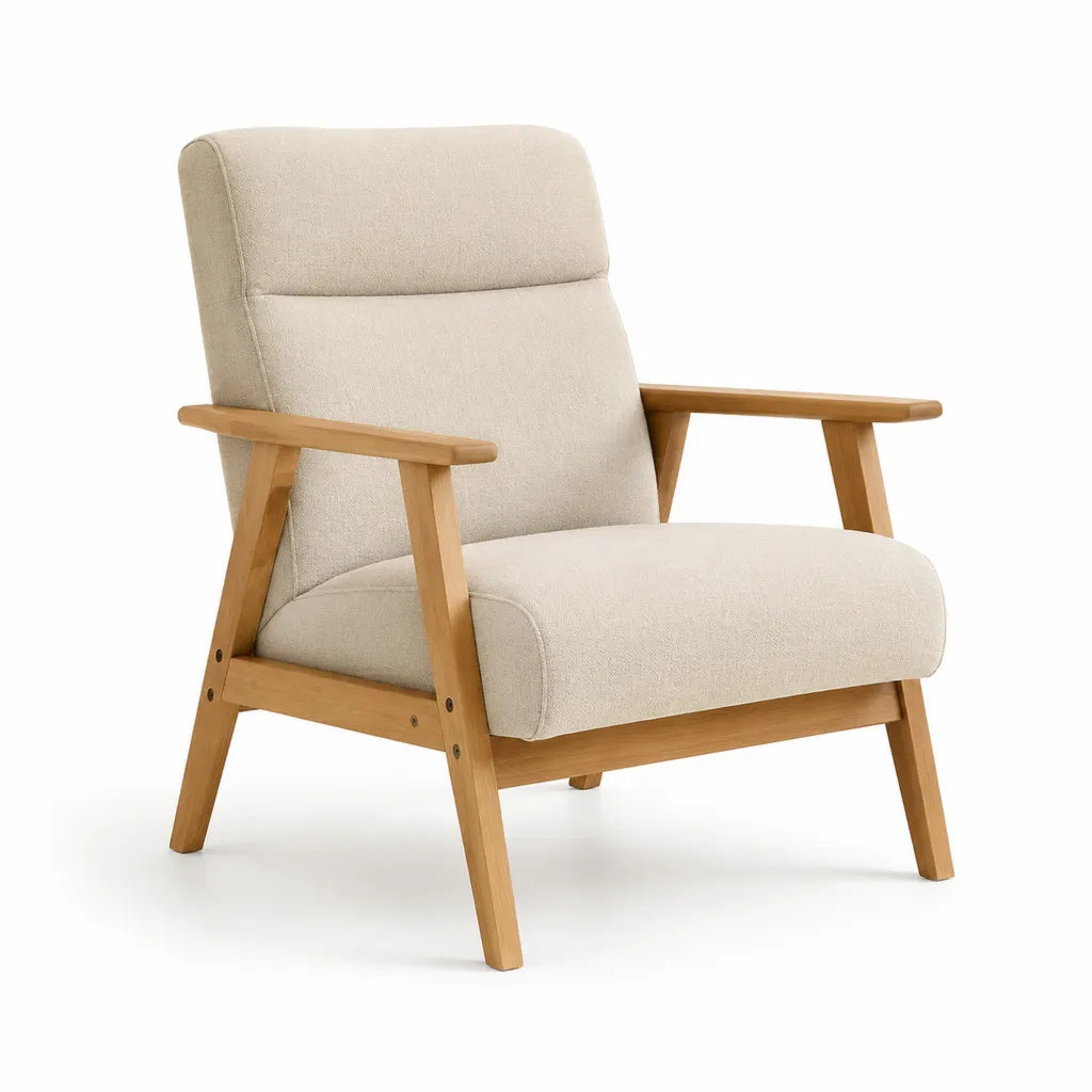 Poltrona da soggiorno imbottita con braccioli 71 x 80 x 94 cm in poliestere crema e legno massello di gomma naturale