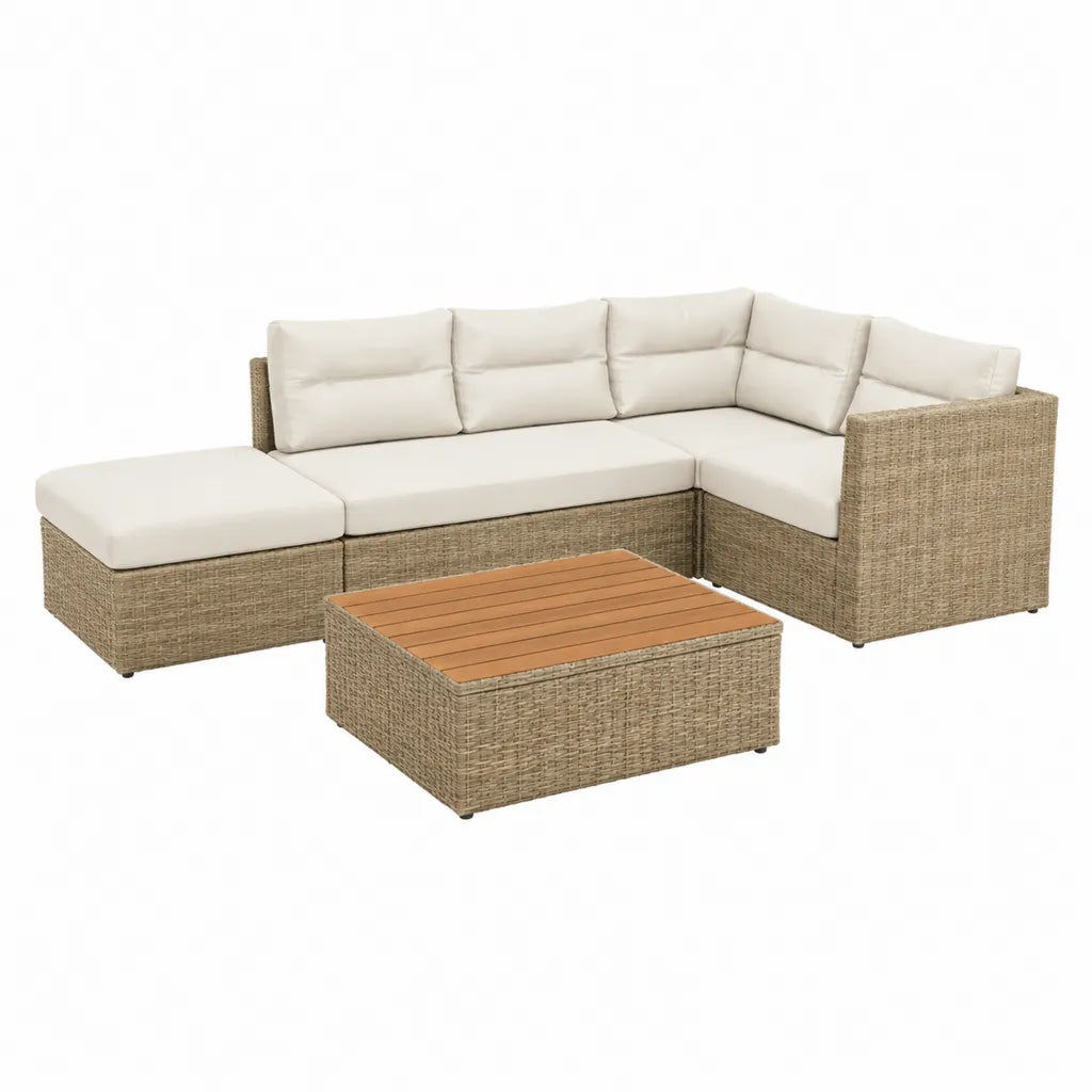Set divano angolare da giardino 5 posti con tavolino 280 x 140 x 63 cm in rattan PE beige con cuscini color crema
