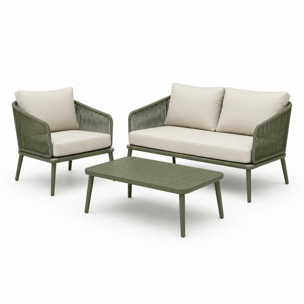 Set salotto da giardino 3 pezzi con divano 2 posti poltrona e tavolino rettangolare in alluminio e corda in polipropilene verde con cuscini beige divano 134 x 74 x 78 cm poltrona 72 x 74 x 78 cm tavolino 100 x 55 x 42 cm