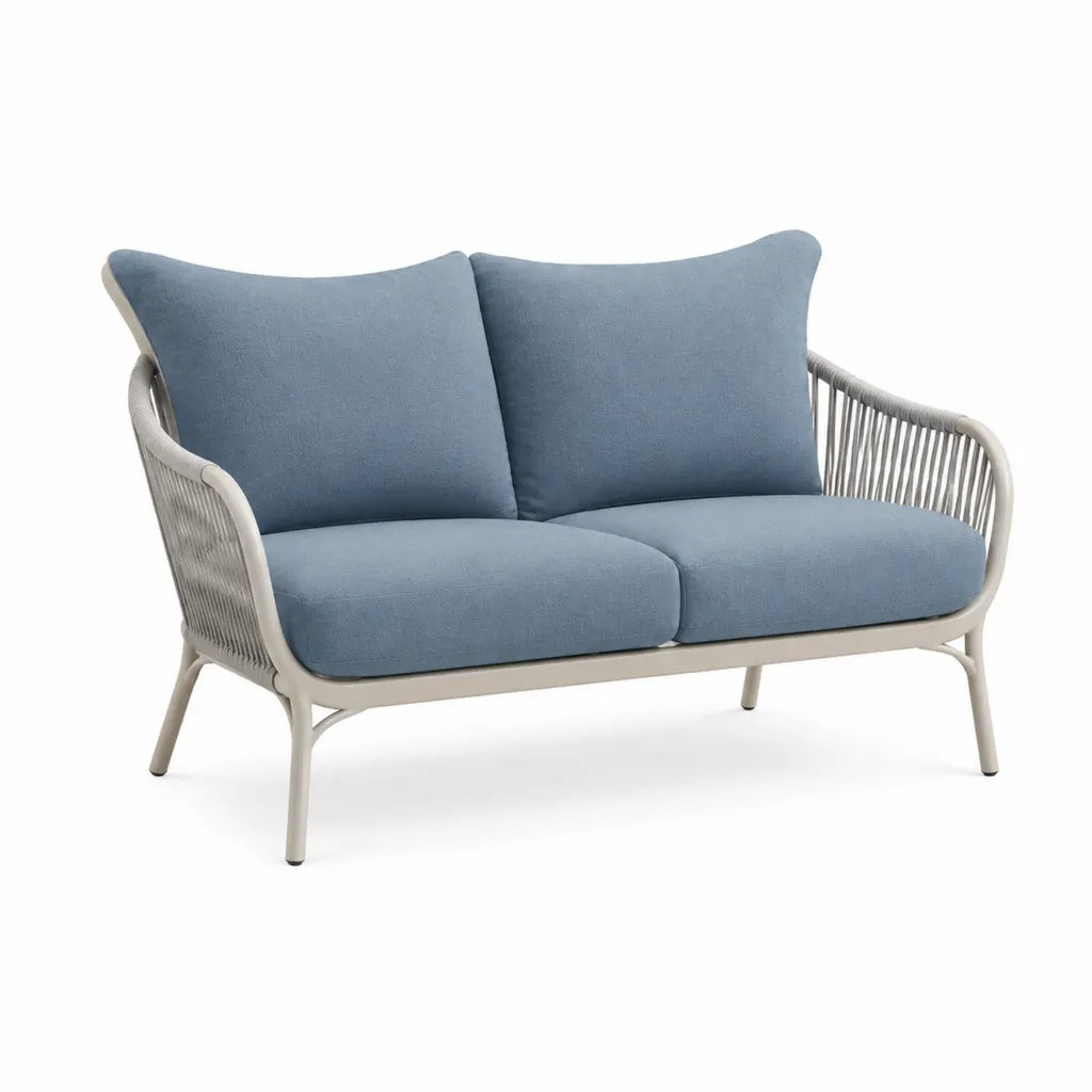 Divano da giardino 2 posti 140 x 75 x 78 cm in alluminio e corda intrecciata grigio con cuscini blu