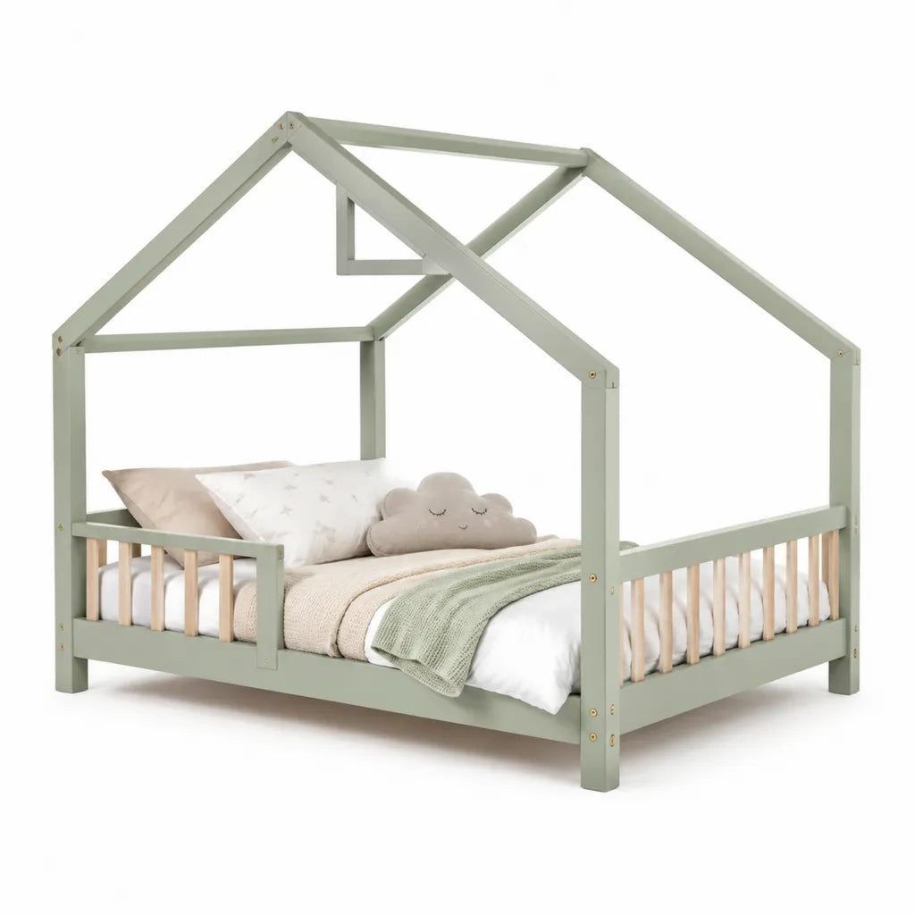 Letto a casetta per bambini in pino massello verde salvia 70 x 140 cm