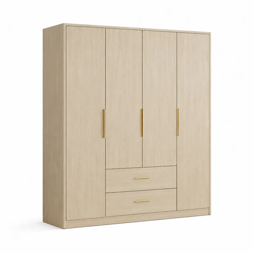 Armadio guardaroba 4 ante con 2 cassetti in pannello truciolare rovere chiaro 180 x 52 x 200 cm