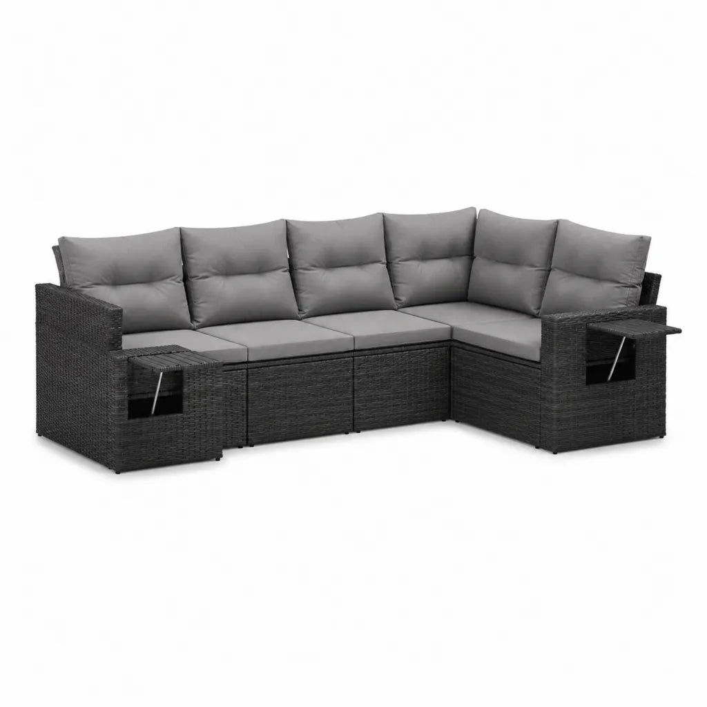 Divano da giardino angolare 6 posti in rattan PE nero con cuscini grigi 280 x 210 x 63 cm