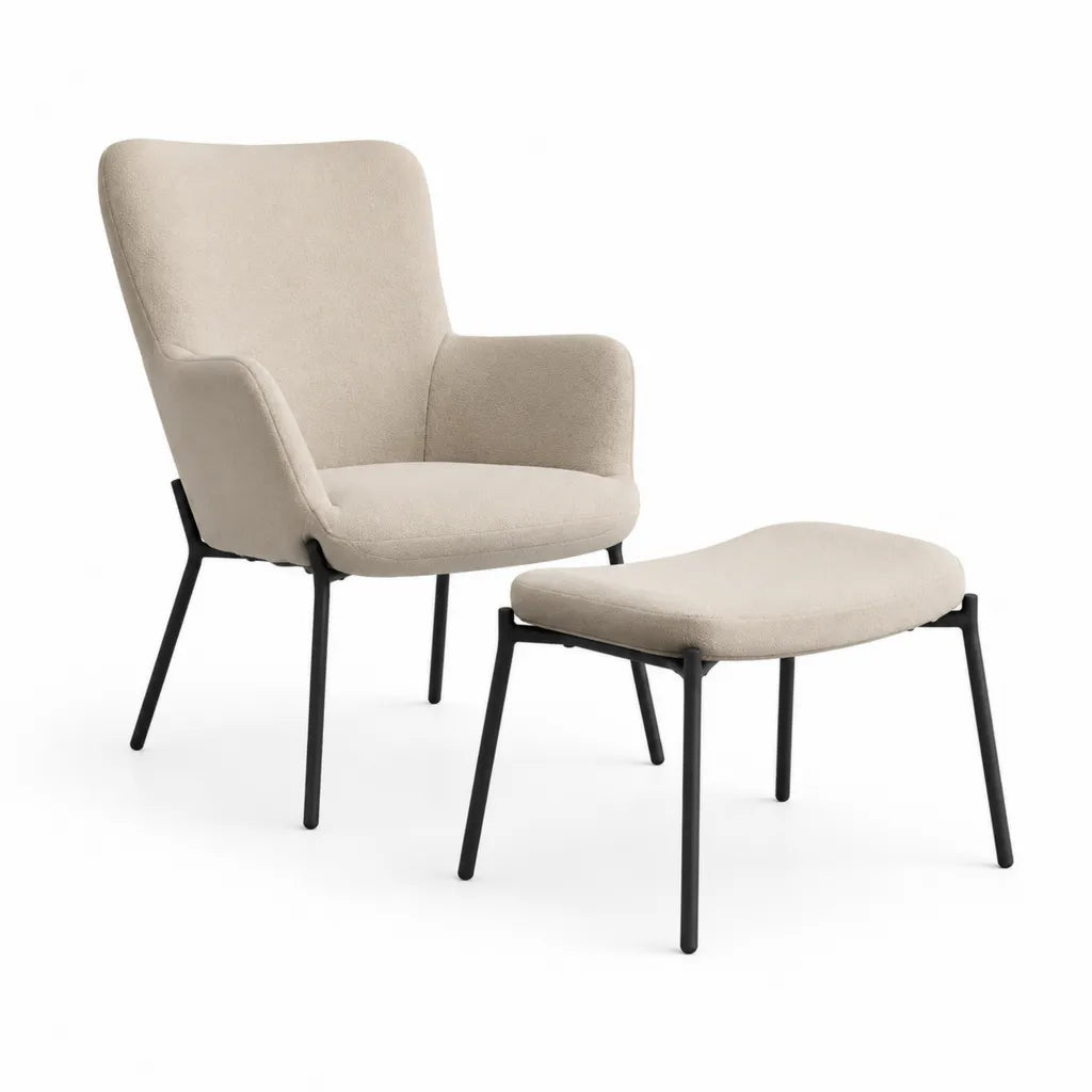 Poltrona con poggiapiedi imbottita in poliestere beige con struttura in acciaio 73 x 82 x 98 cm