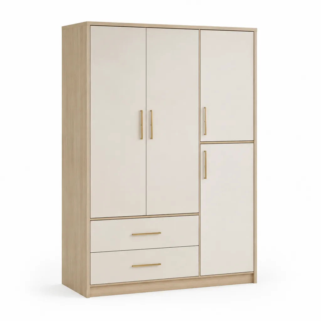 Armadio guardaroba 3 ante con 2 cassetti in pannello truciolare bianco e rovere chiaro 120 x 52 x 180 cm