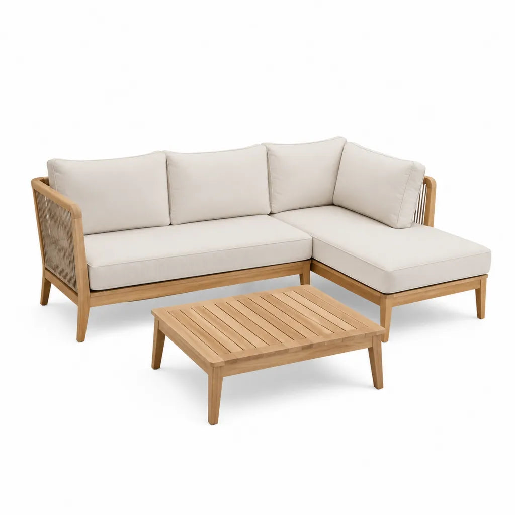 Set divano da giardino angolare con tavolino in legno massello di acacia e corda PP beige 205 x 145 x 78 cm