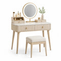 Set tavolo da trucco con specchio rotondo e sgabello 100 x 40 x 78 cm in MDF vetro e PU beige bianco oro