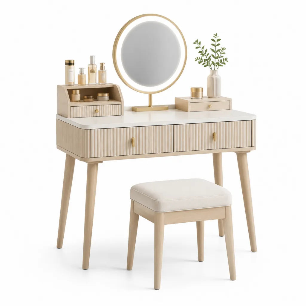 Set tavolo da trucco con specchio rotondo e sgabello 100 x 40 x 78 cm in MDF vetro e PU beige bianco oro