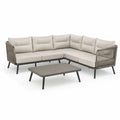 Set divano da giardino angolare 5 posti con tavolino 250 x 250 cm in alluminio e corda PP grigio tortora