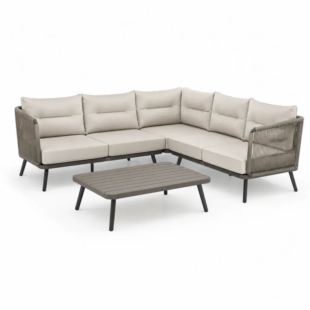 Set divano da giardino angolare 5 posti con tavolino 250 x 250 cm in alluminio e corda PP grigio tortora
