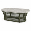 Tavolino da caffe da giardino ovale 120 x 70 x 45 cm in pietra sinterizzata e rattan PE verde oliva