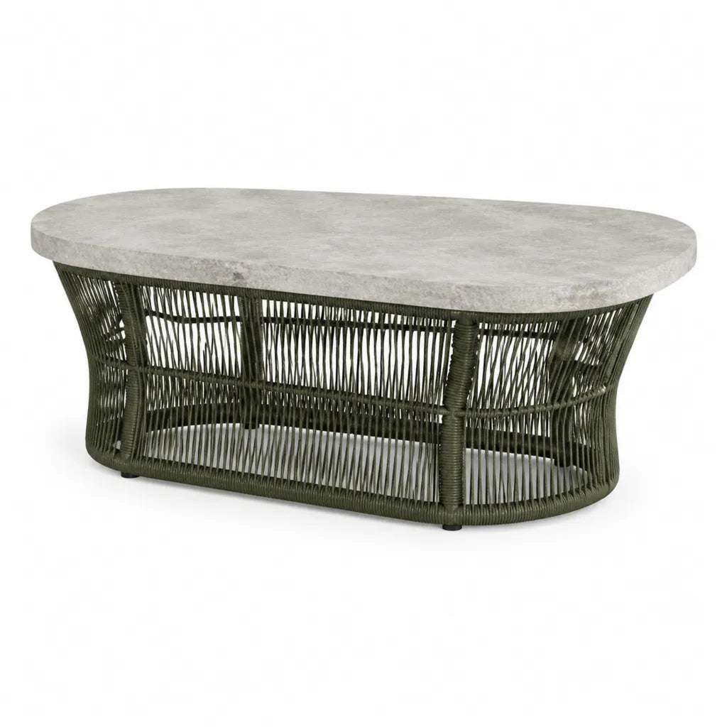 Tavolino da caffe da giardino ovale 120 x 70 x 45 cm in pietra sinterizzata e rattan PE verde oliva