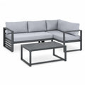 Set divano da giardino angolare 3 posti con tavolino rettangolare in alluminio grigio 194 x 194 cm
