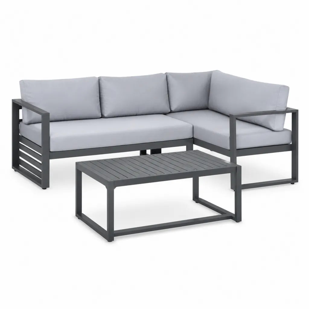 Set divano da giardino angolare 3 posti con tavolino rettangolare in alluminio grigio 194 x 194 cm