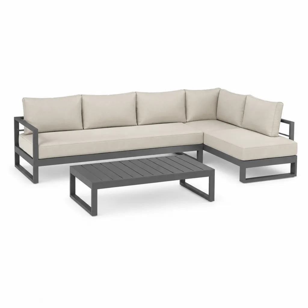 Set divano da giardino angolare 4 posti con tavolino 220 x 150 cm in alluminio antracite e beige